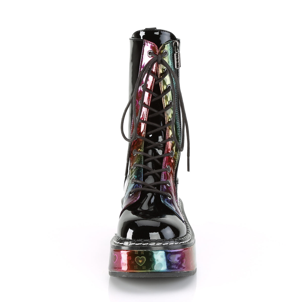 DemoniaCult Stivali da donna EMILY-350 blk pat-Rainbow Ologramma con cuori