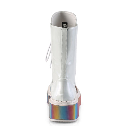 DemoniaCult Womens Boots EMILY-350 Wht Brushed Hologram Vegan Leather-Rainbow Reflective