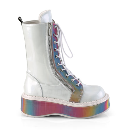 DemoniaCult Womens Boots EMILY-350 Wht Brushed Hologram Vegan Leather-Rainbow Reflective