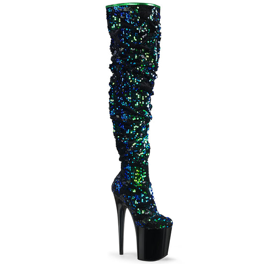 Pleaser Stivali da donna FLAMINGO-3004 Paillettes iridescenti verdi / BLK