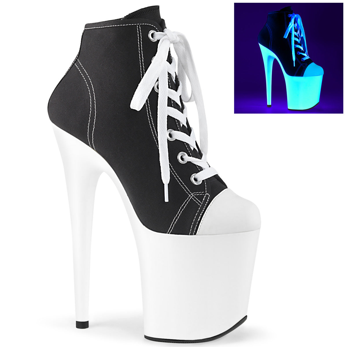 Pleaser Stivaletti da donna FLAMINGO-800sk-02 Blk Canvas / Bianco Neon