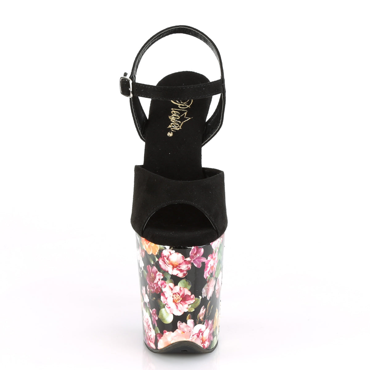 Pleaser Sandali da donna FLAMINGO-809WR Black Faux Suede / Stampa floreale avvolta