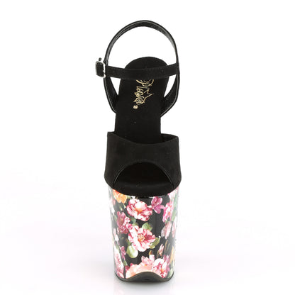 Pleaser Sandali da donna FLAMINGO-809WR Black Faux Suede / Stampa floreale avvolta