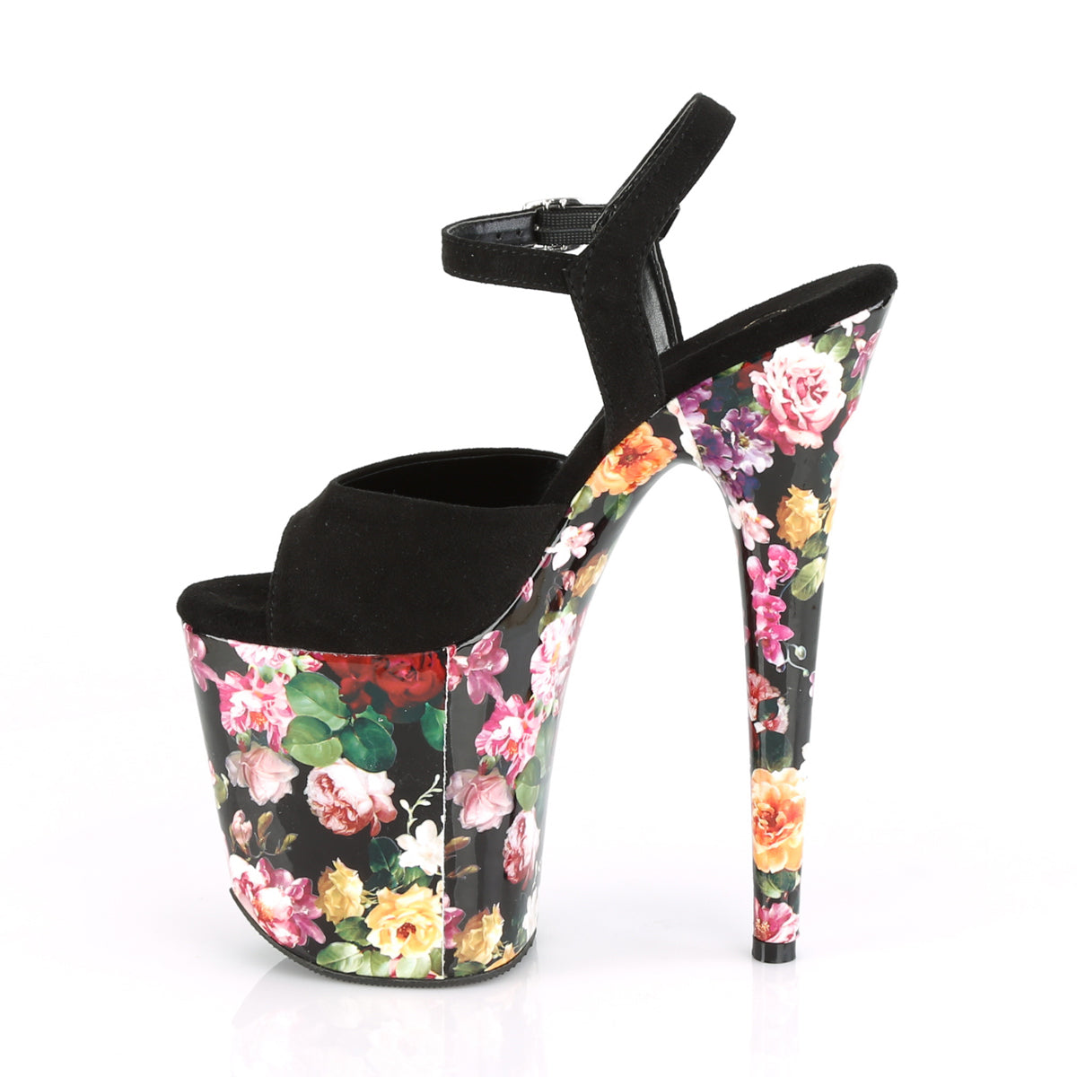 Pleaser Sandali da donna FLAMINGO-809WR Black Faux Suede / Stampa floreale avvolta