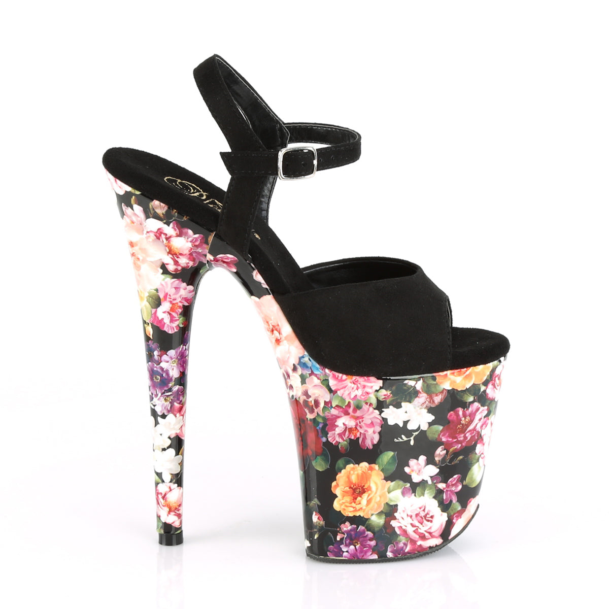 Pleaser Sandali da donna FLAMINGO-809WR Black Faux Suede / Stampa floreale avvolta