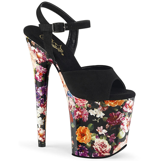 Pleaser Sandali da donna FLAMINGO-809WR Black Faux Suede / Stampa floreale avvolta