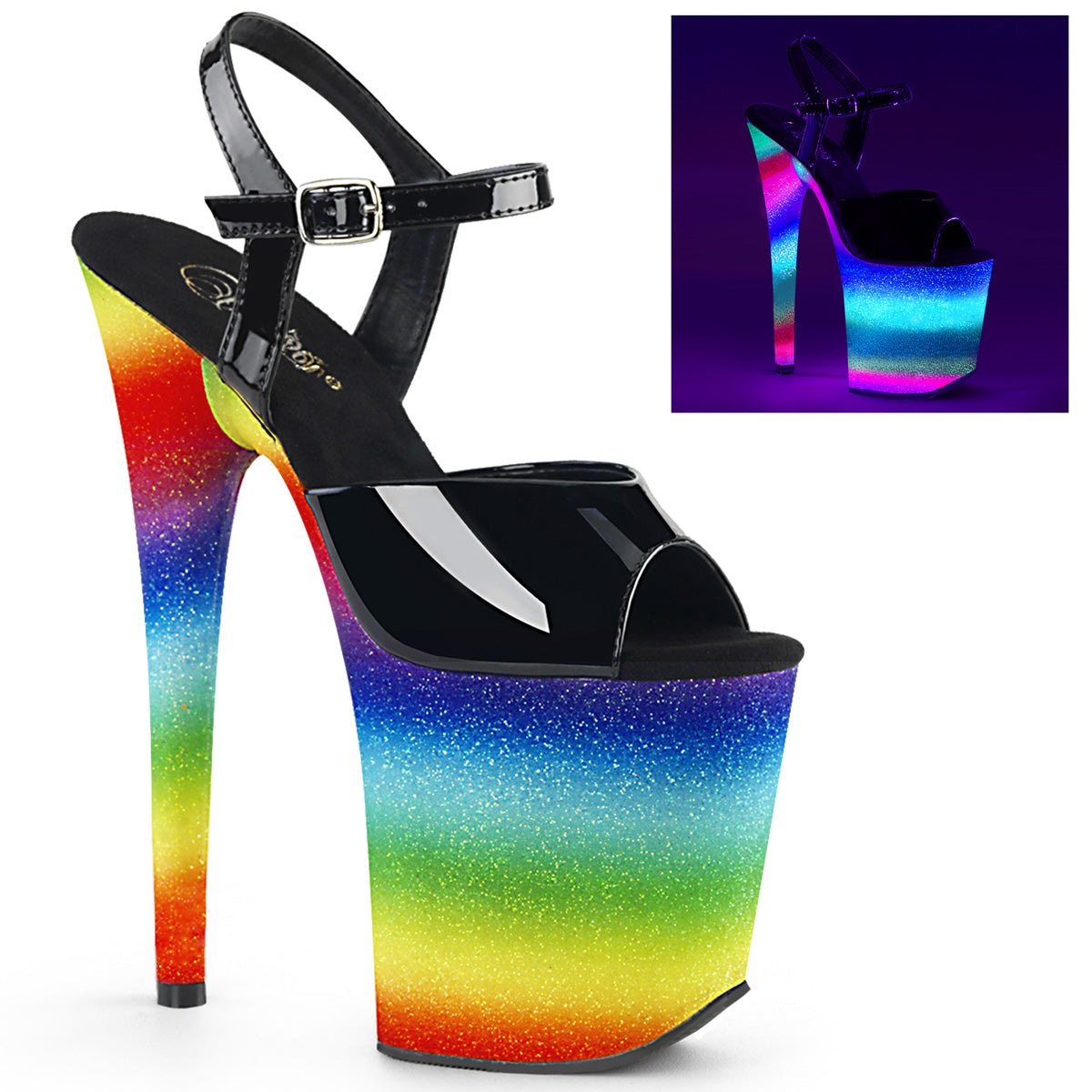 Pleaser Sandali da donna FLAMINGO-809WR BLK PAT /Rainbow Glitter.