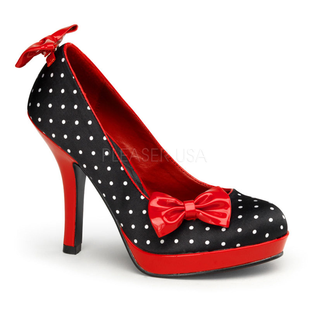 Pin Up Couture Pompe da donna SECRET-12 BLK SATIN-RED PAT (Stampa Polka Dots)