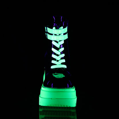 DemoniaCult Womens Ankle Boots SHAKER-52 Blk Pat-UV Neon Green