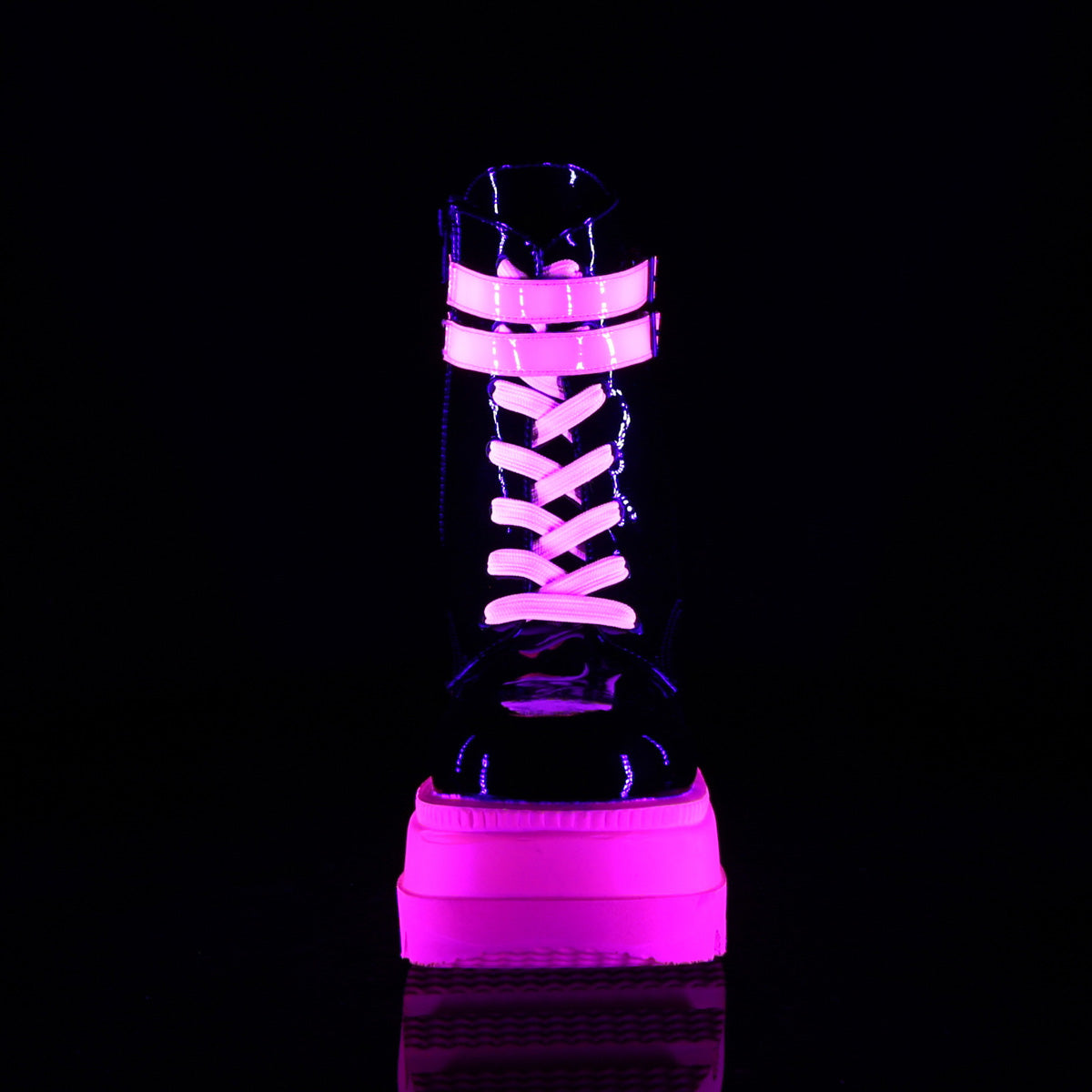 DemoniaCult Womens Ankle Boots SHAKER-52 Blk Pat-UV Neon Pink