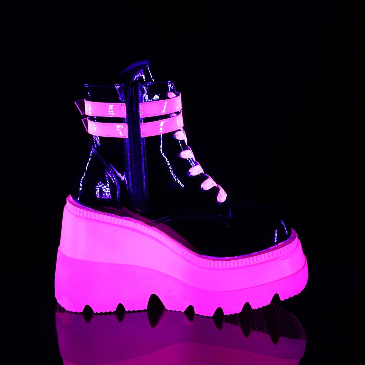 DemoniaCult Womens Ankle Boots SHAKER-52 Blk Pat-UV Neon Pink