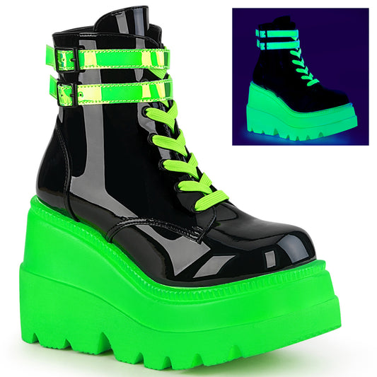 DemoniaCult Womens Ankle Boots SHAKER-52 Blk Pat-UV Neon Green