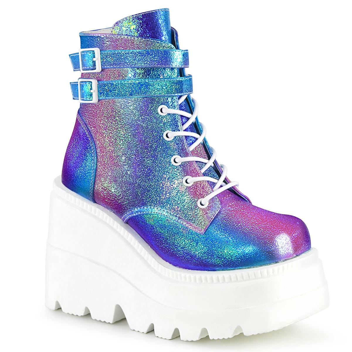 DemoniaCult Stivali alla caviglia femminile SHAKER-52 pelle vegana multi iridescente viola