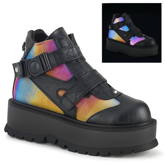 DemoniaCult Stivali alla caviglia femminile SLACKER-32 pelle vegana BLK-Rainbow Riflessivo