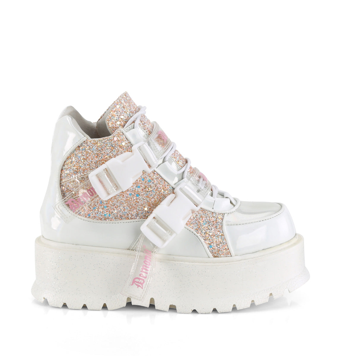 DemoniaCult  Stivali alla caviglia SLACKER-50 wht olografico pat-b. Multi glitter rosa
