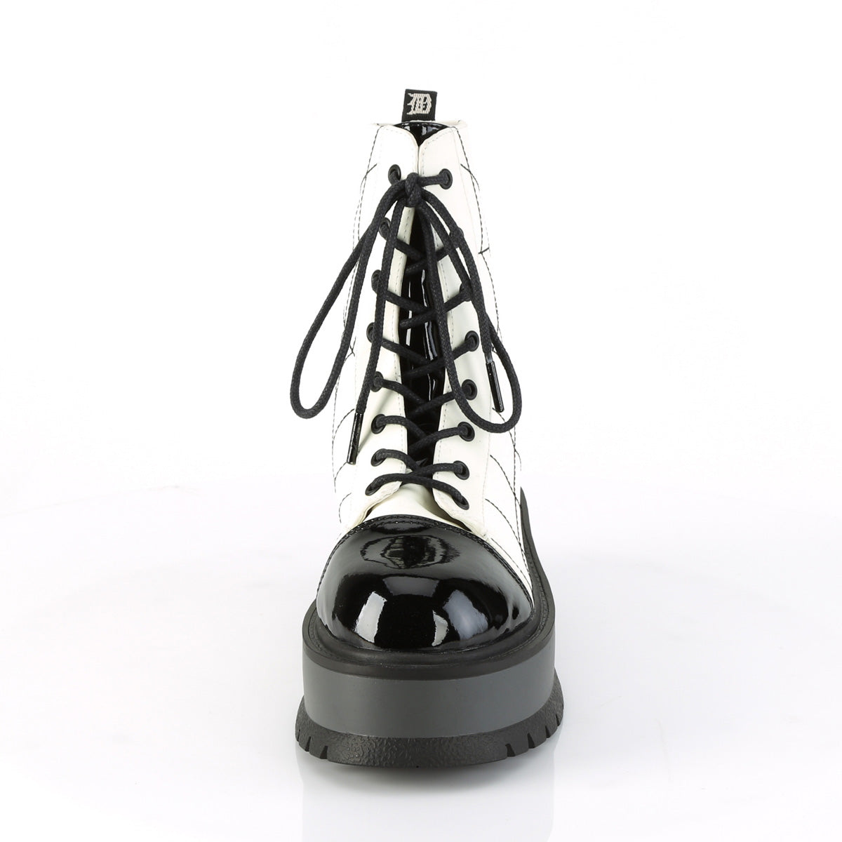 DemoniaCult Stivali alla caviglia femminile SLACKER-88 bagliore bianco vegano cuoio-blk pat