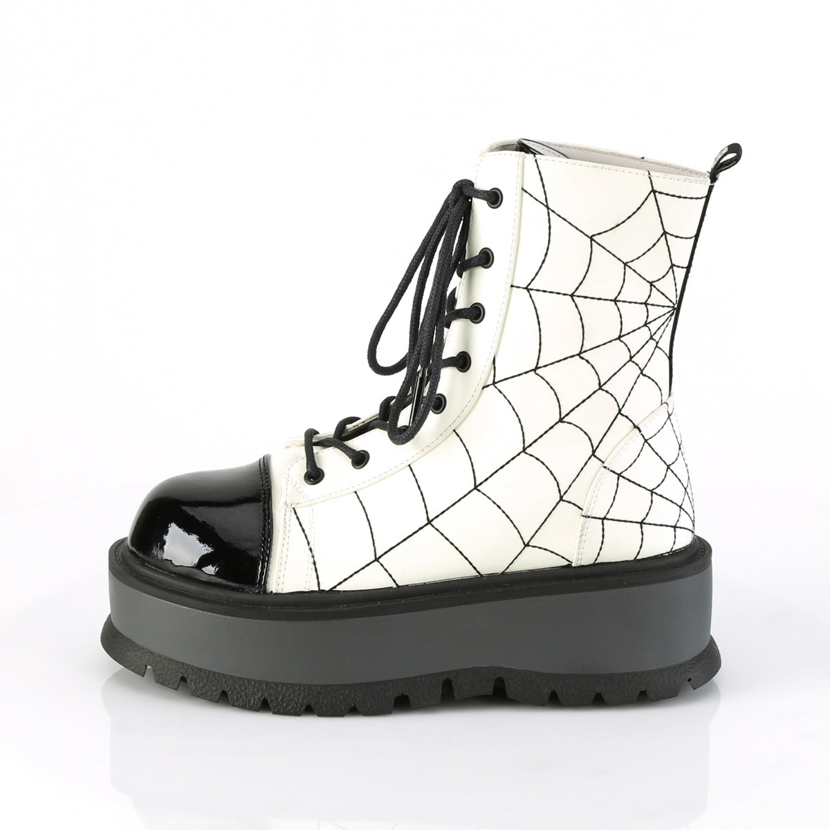 DemoniaCult Stivali alla caviglia femminile SLACKER-88 bagliore bianco vegano cuoio-blk pat
