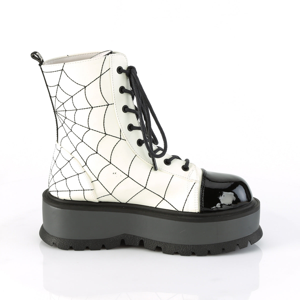 DemoniaCult Stivali alla caviglia femminile SLACKER-88 bagliore bianco vegano cuoio-blk pat