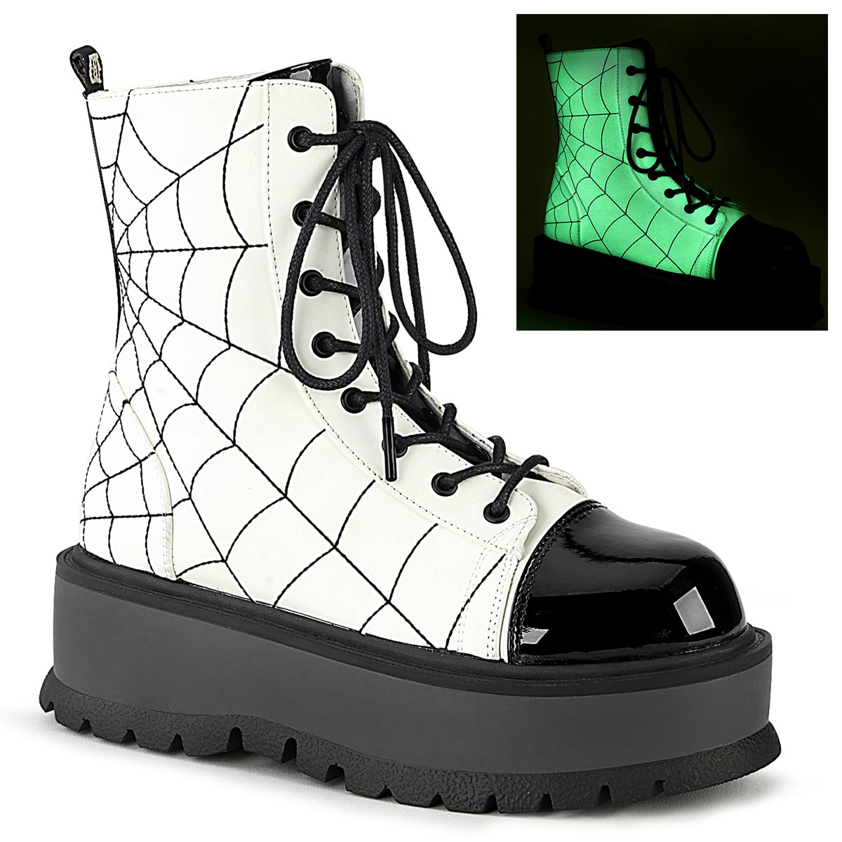 DemoniaCult Stivali alla caviglia femminile SLACKER-88 bagliore bianco vegano cuoio-blk pat
