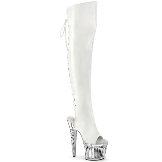 Pleaser  Boots SPECTATOR-3019 Wht Faux Leather/Clr-Slv Chrome