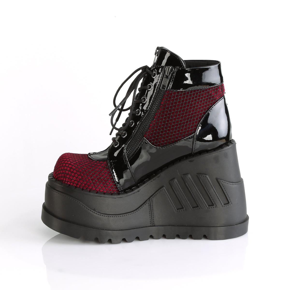 DemoniaCult Womens Ankle Boots STOMP-18 Blk Pat-Burgundy Velvet