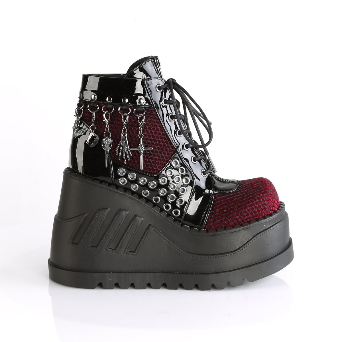 DemoniaCult Womens Ankle Boots STOMP-18 Blk Pat-Burgundy Velvet