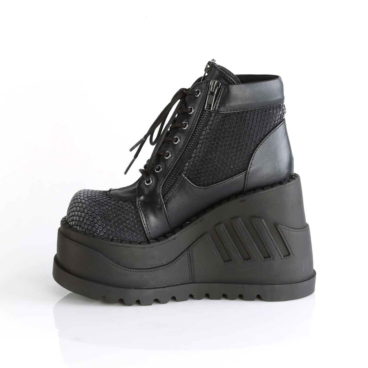 DemoniaCult Womens Ankle Boots STOMP-18 Blk Vegan Leather-Grey Velvet
