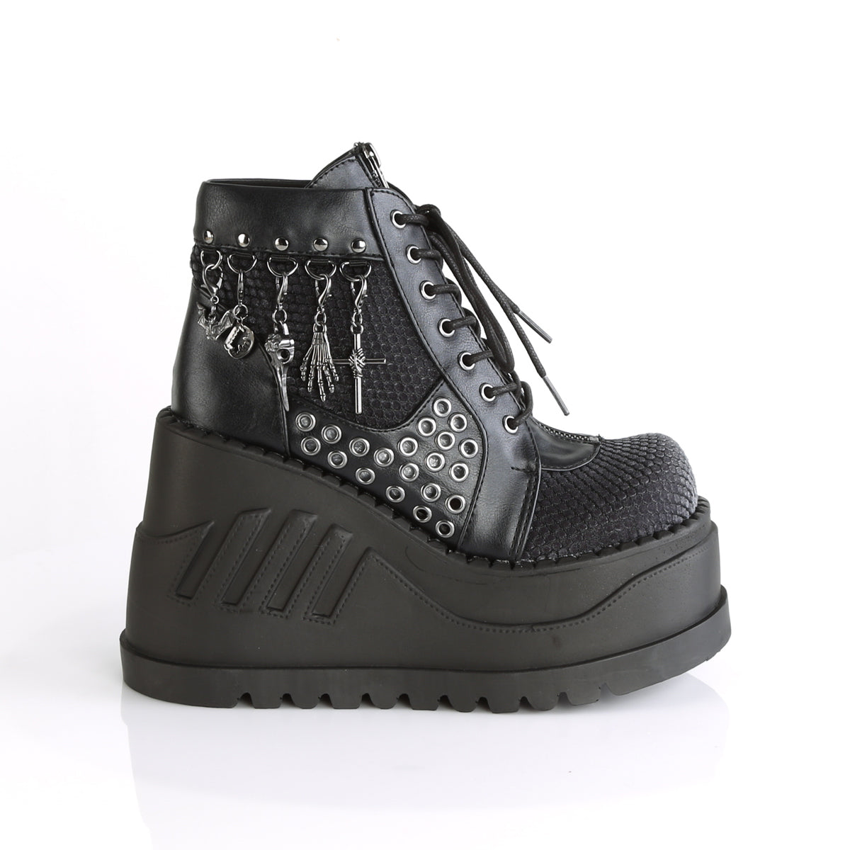 DemoniaCult Womens Ankle Boots STOMP-18 Blk Vegan Leather-Grey Velvet