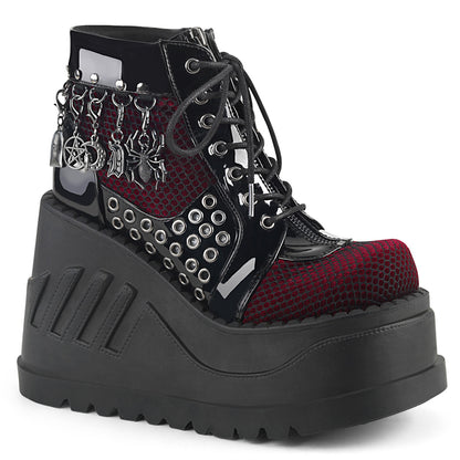 DemoniaCult Womens Ankle Boots STOMP-18 Blk Pat-Burgundy Velvet