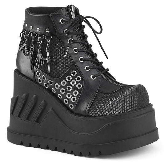 DemoniaCult Womens Ankle Boots STOMP-18 Blk Vegan Leather-Grey Velvet