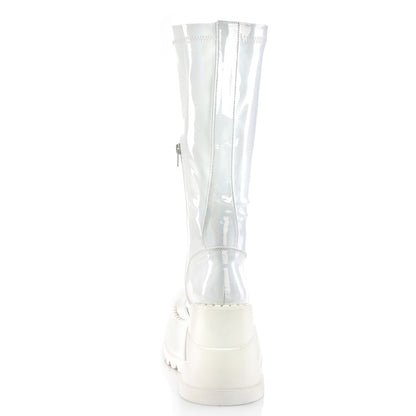 DemoniaCult Womens Boots STOMP-200 Wht Hologram Stretch Patent