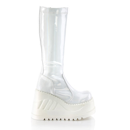 DemoniaCult Womens Boots STOMP-200 Wht Hologram Stretch Patent
