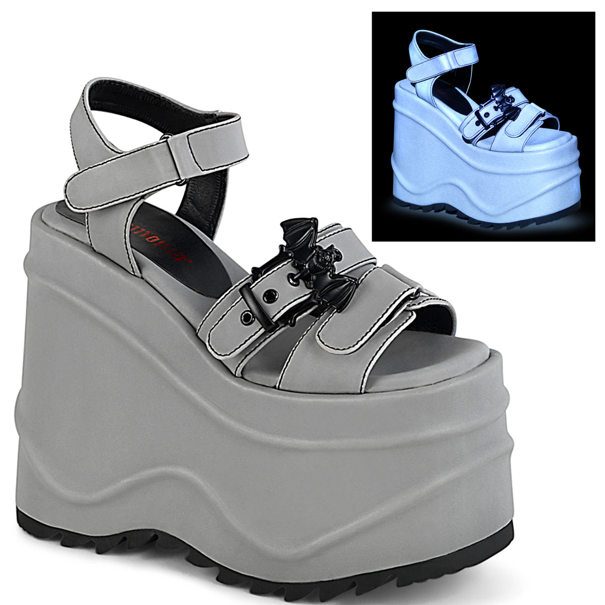 DemoniaCult Sandali femminili WAVE-13 pelle vegana riflettente grigia